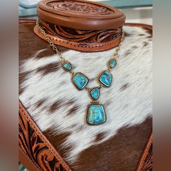 ✨New Genuine Blue Turquoise Stone Pendant Boho Necklace Statement Jewelry Brass - Picture 6 of 13